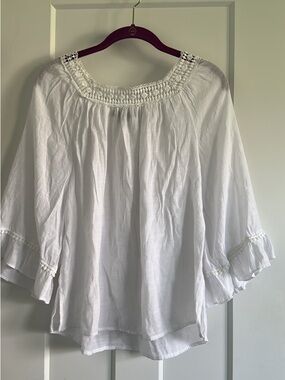 Sara Michelle White Crochet-Neck Boho Peasant Top